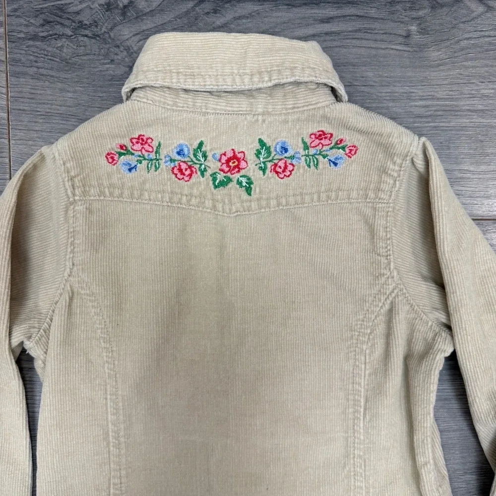 OshKosh Pearl Snap Floral Embroidered Beige Corduroy Dress Girls Size 4 Y2K‎